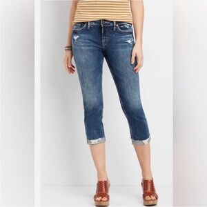 Silver Jeans Elyse Capri Raw Hem Dark Wash Jeans, size 29/22.5